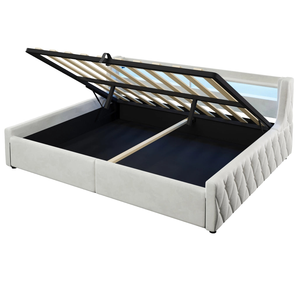 Letto imbottito 140x200 cm con contenitore e LED in flanella; bianco sporco