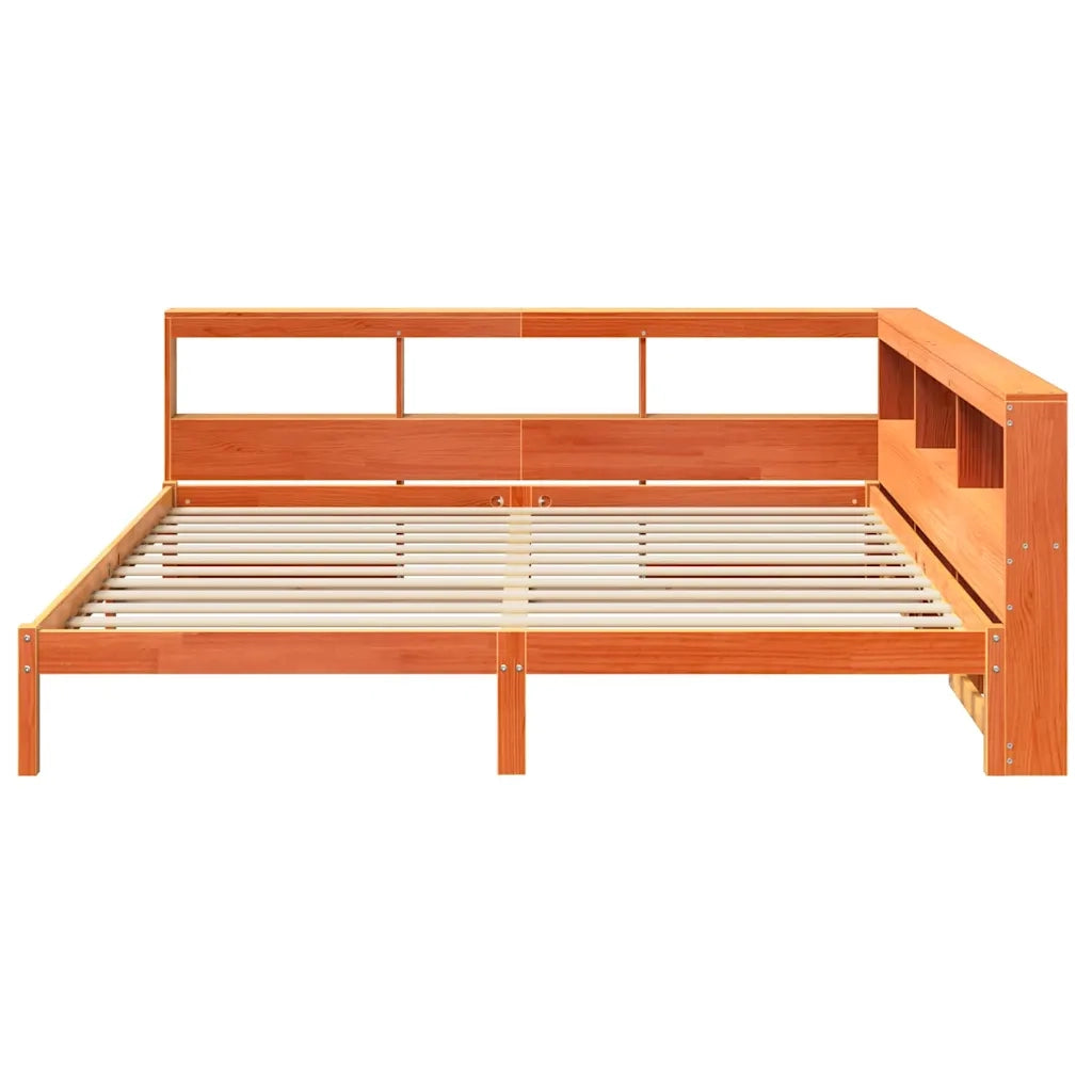 Letto Libreria senza Materasso-Struttura Letto con contenitore Marrone Cera 200x200 cm in Pino 544691