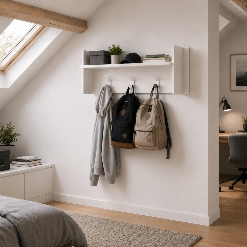Appendiabiti da Parete Bianco con Mensola e 3 Ganci | Attaccapanni Ingresso Salvaspazio Moderno con Ripiano Portaoggetti | Organizer da Muro 90x29x34 cm