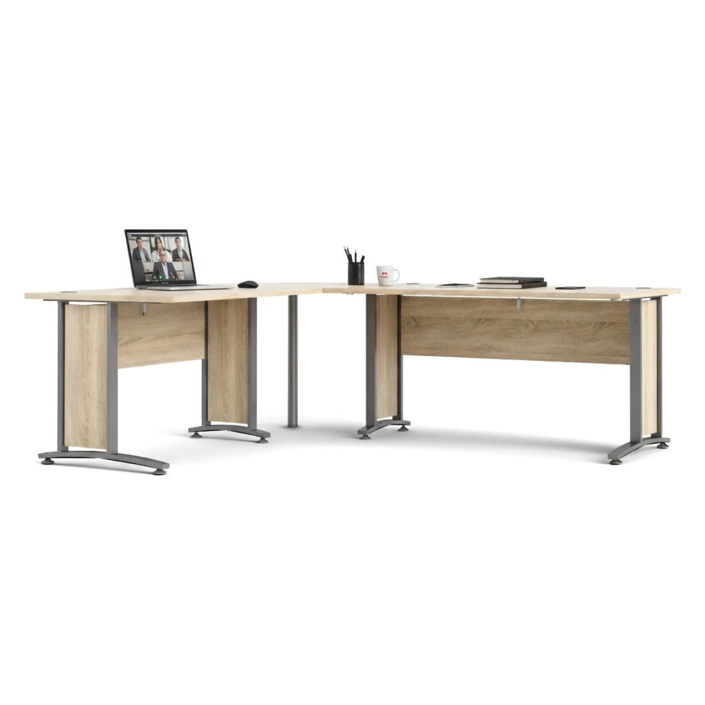 Scrivania Tanya, Scrittoio multiuso, Tavolo per ufficio porta PC, Piano di lavoro, 230x200 h75 cm, Grigio e Quercia