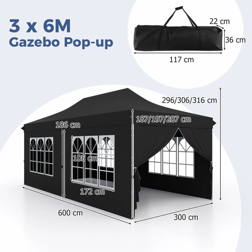 Gazebo pop-up con 6 pareti laterali e ingressi con cerniera, Gazebo istantaneo portatile per festa e picnic 3 x 6 m Nero-Gazebo