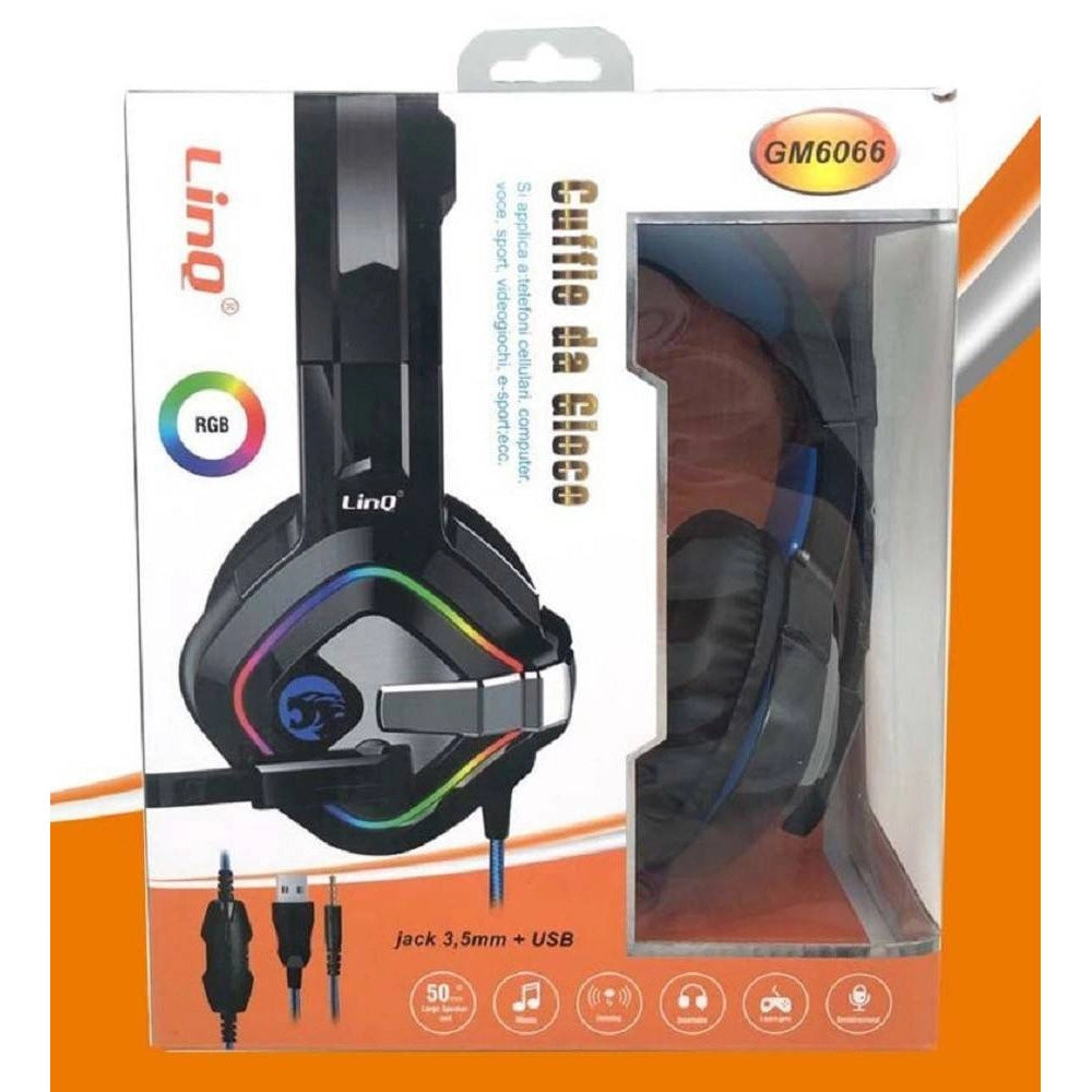 Trade Shop - Cuffie Cablate Stereo Con Microfono Jack Usb Luci Rgb Led Gaming Film Pc Gm6066 -