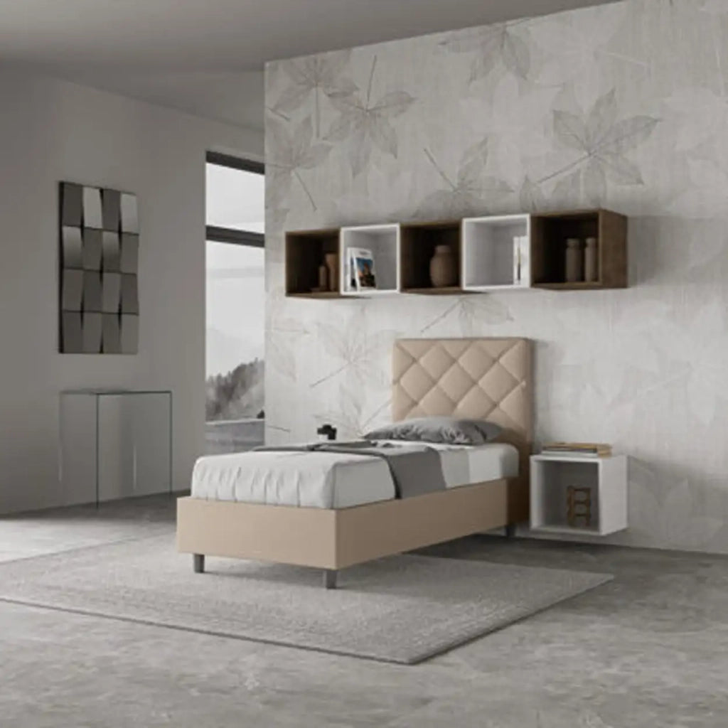 Letto singolo contenitore imbottito 90x200 similpelle tortora Priya