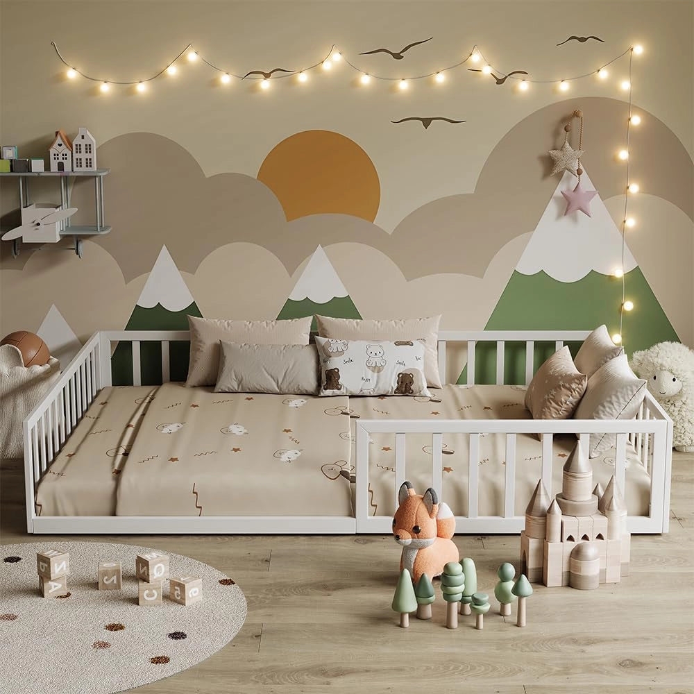 Letto a pavimento Minno 140x200 cm, letto bambini Montessori in metallo con protezione anticaduta e materasso, bianco