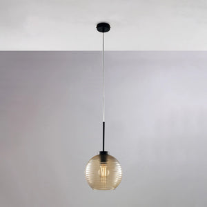 Sospensione Moderna Ankara 1 Luce Ferro Nero Vetro Soffiato Ambra