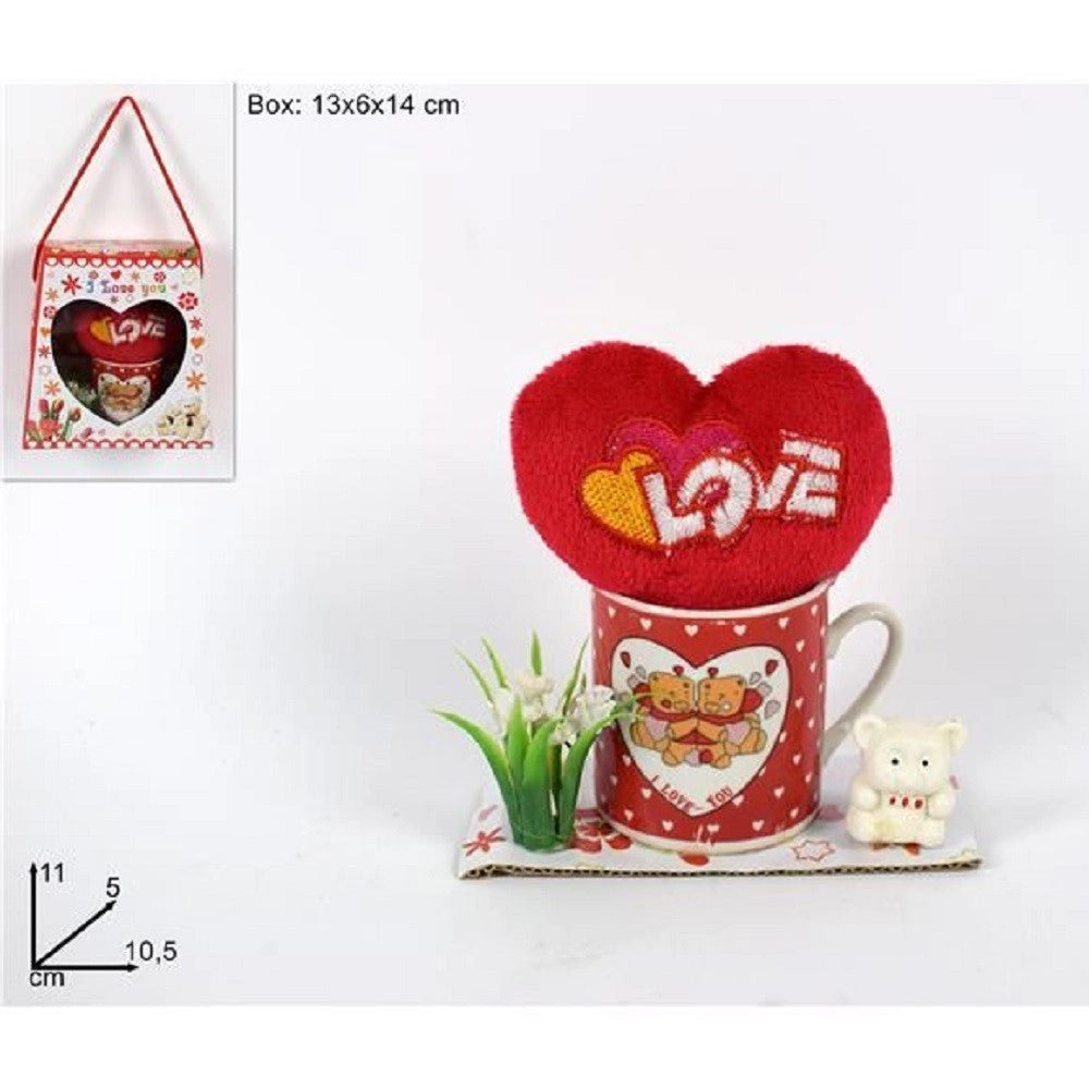 Trade Shop - Tazzina Con Cuore Love Peluche Idea Regalo San Valentino 10.5x11x5cm Confezione -
