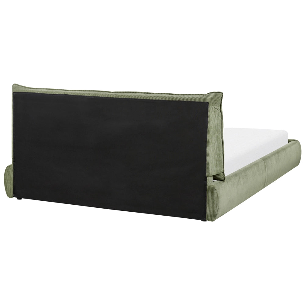 Letto matrimoniale imbottito in velluto a coste verde 160 x 200 cm con rete a doghe e spessa testata imbottita