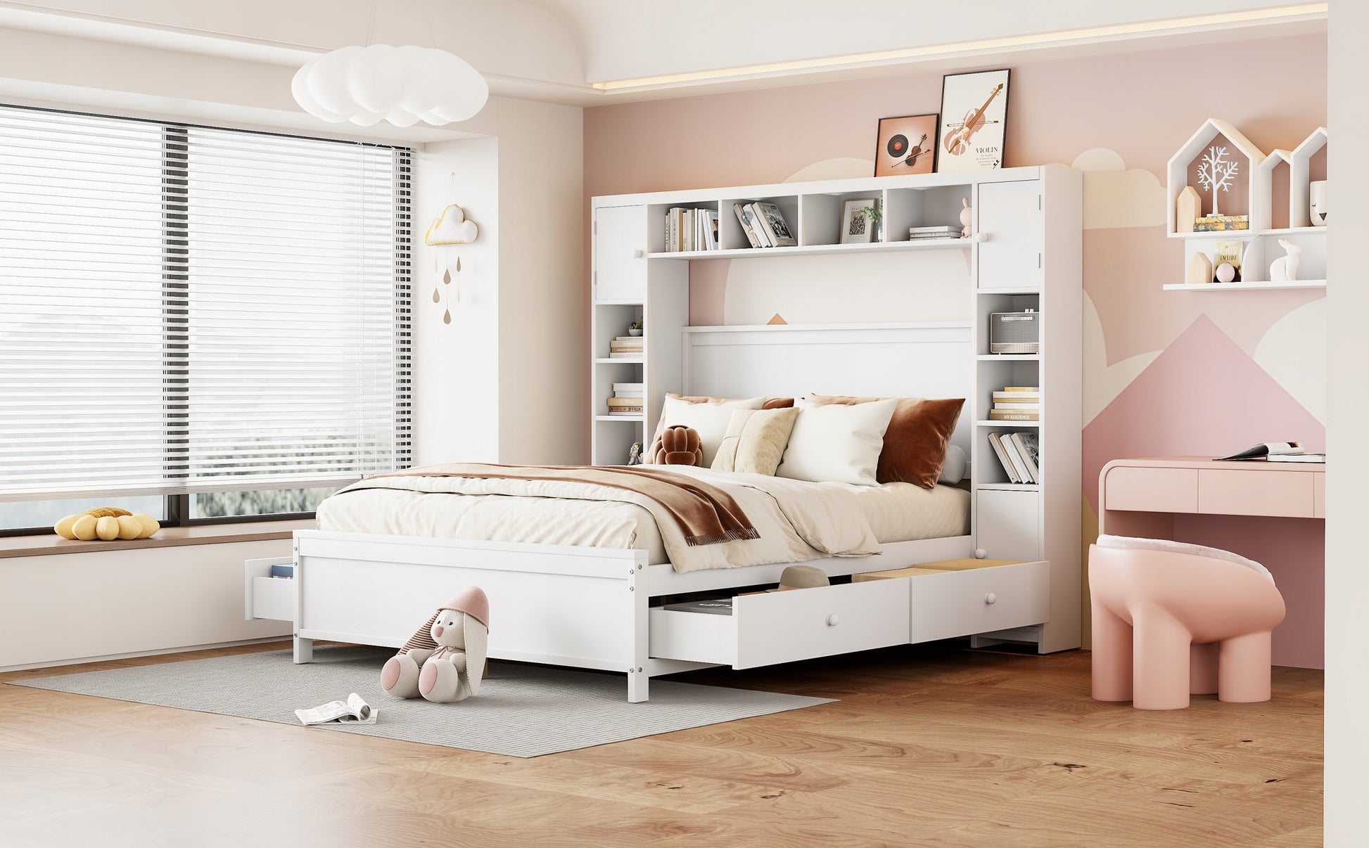 Letto matrimoniale 140x200 - Xylo - Bianco, con cassetti e armadio