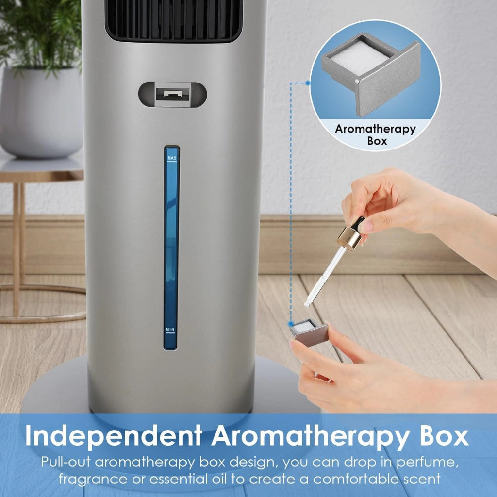 Ventilatore a torre con diffusore di aromi, telecomando a 3 livelli, con raffreddamento ad acqua, oscillazione 50°, timer 12 ore e modalità sleep per ufficio/casa, ventilatore silenzioso da
