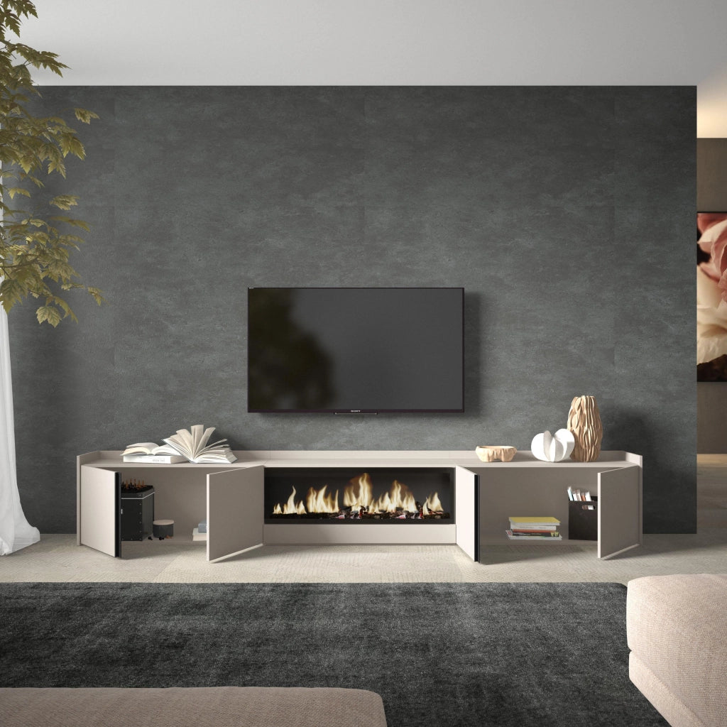 Mobile TV Soggiorno, 315x50x35 cm, Per TV fino a 80", Camino elettrico XXL, Beige
