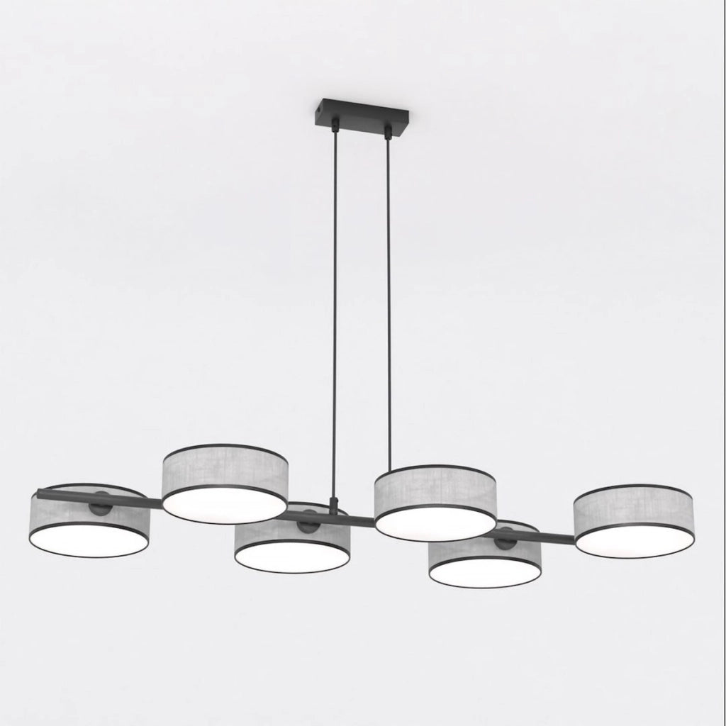 Lampada a sospensione DRUMZ 6 in acciaio nero e tessuto grigio