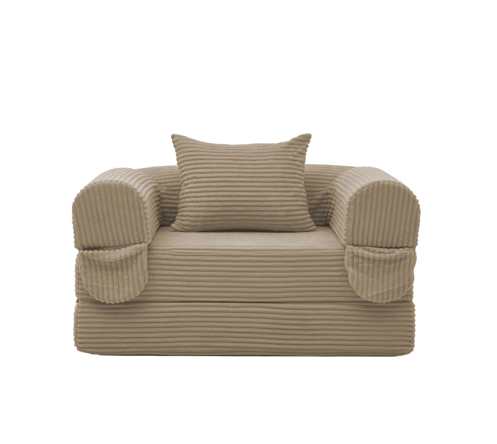 Poltrona letto pieghevole 2 in 1 in tessuto corduroy marrone, trasformabile senza attrezzi, con cuscino