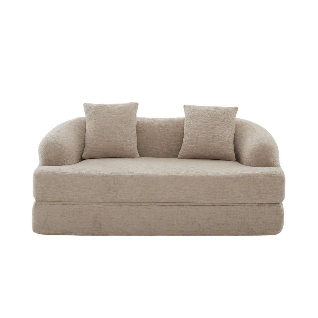 Divano letto 2 posti pieghevole in chenille color khaki, con 2 cuscini schienale, salvaspazio