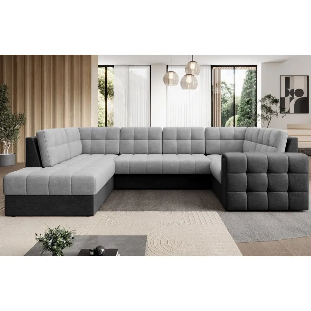 Divano angolare trasformabile MONTEZA grigio e nero sinistro 299 cm con contenitore e letto