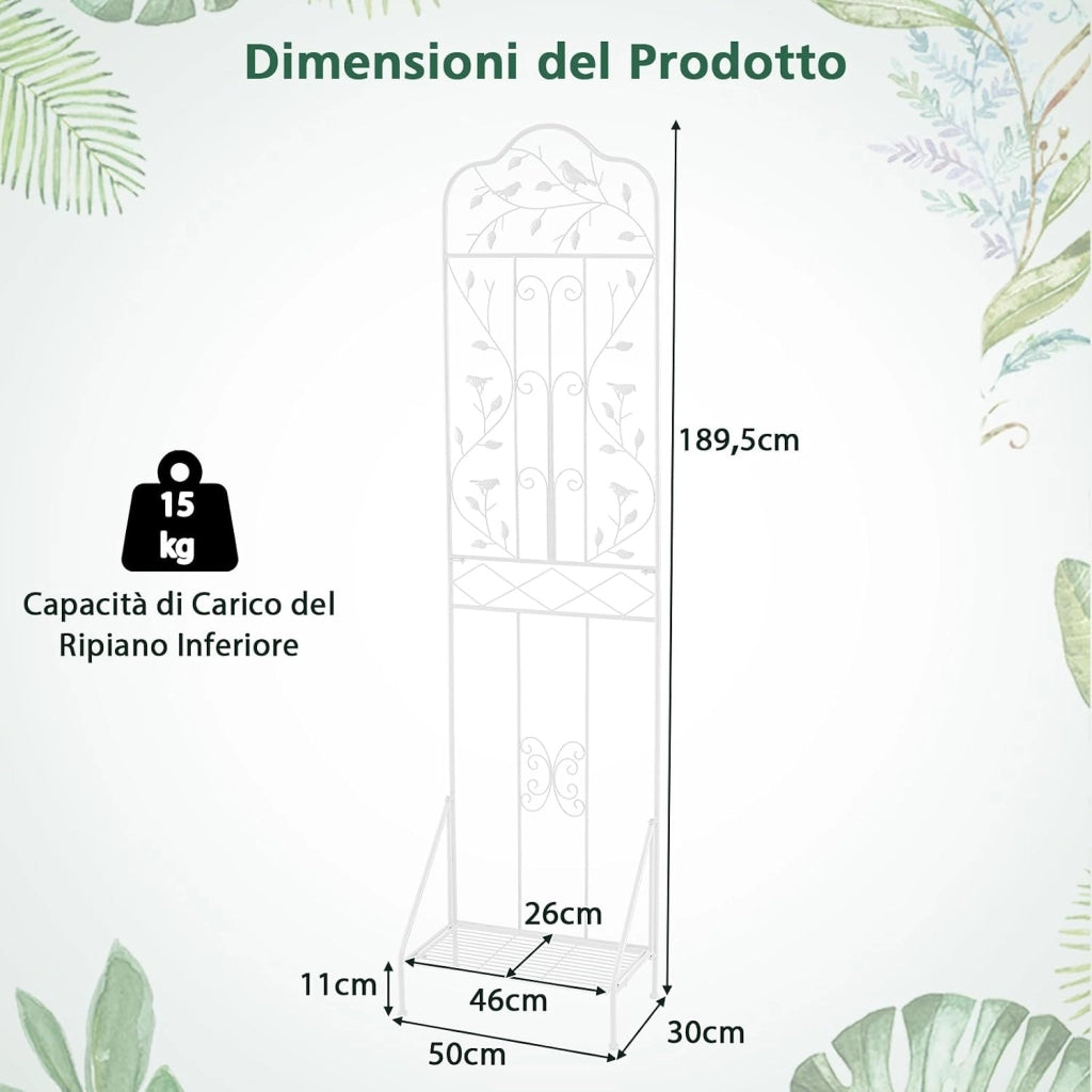 Traliccio per Rampicanti Metallo con Ripiano Pieghevole, Graticcio per Piante da Esterno, Griglia per Piante Rampicanti per Giardino, Cortile e Patio, 50 x 30 x 189,5 cm (Bianco,1)