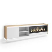 Mobile TV Soggiorno, 212x50x35 cm, Per TV fino a 80", Camino elettrico XXL, Sospeso, da appendere, LED, Bianco e Rovere soft