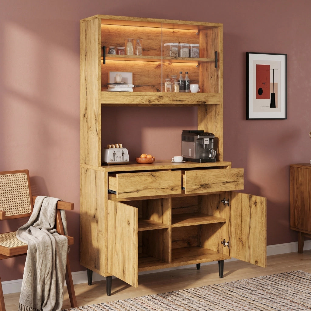 Credenza alta 100x40x185 cm rovere con LED, prese e ante in vetro