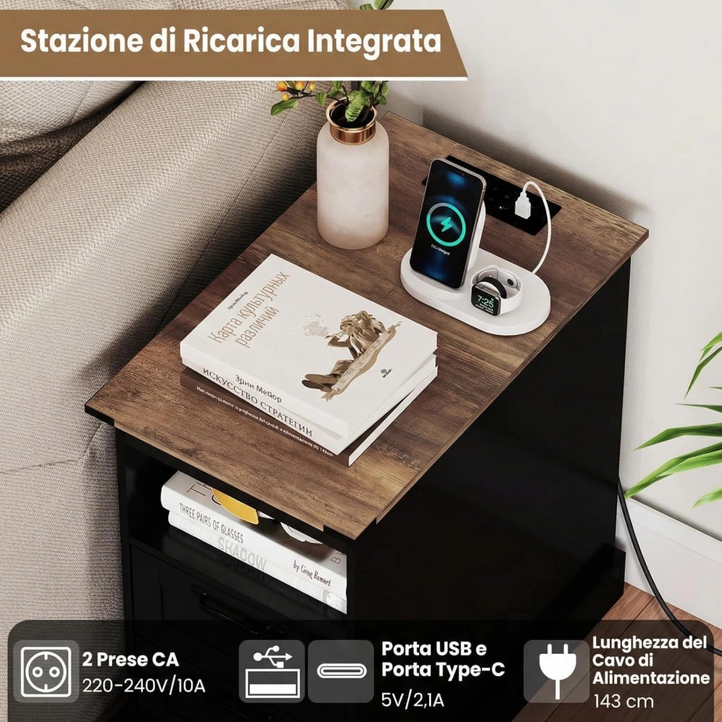 Tavolino con Cassetti e Stazione di Ricarica, Comodino con Mensola Aperta, 2 Cassetti, 2 Prese AC, Porta USB e Porta Type-C, Tavolino da Divano e Letto per Salotto e Camera da Letto (Nero)