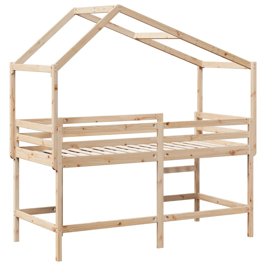 Letto singolo | Letto per adulti | Letto Soppalco con Scala e Tetto 90x190 cm Legno Massello Pino
