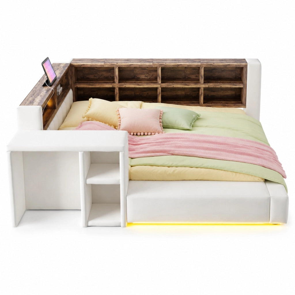 Letto imbottito 90x200 cm con contenitore; LED; prese integrate e comodino laterale; beige