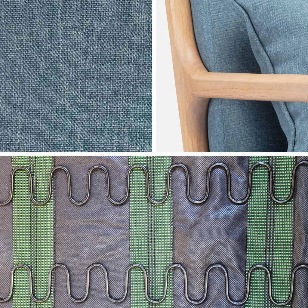 Poltrona scandinava a dondolo in legno e tessuto con braccioli, blu