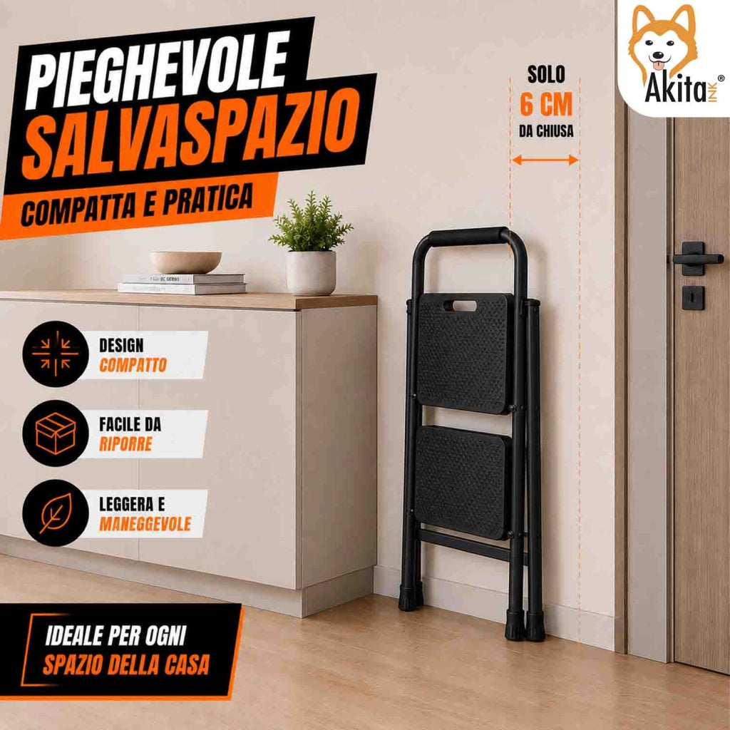 Akitaink Scaletta Acciaio 2 Gradini Pieghevole Nera 250 Kg
