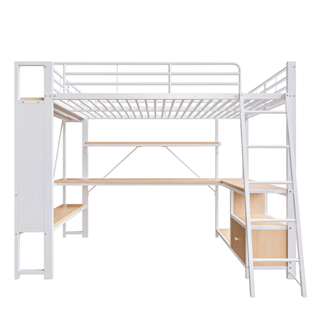 DESMIU Letto a soppalco 2 posti con scrivania, LED regolabile, USB, scaffali e contenitori 140 × 200 cm senza materasso
