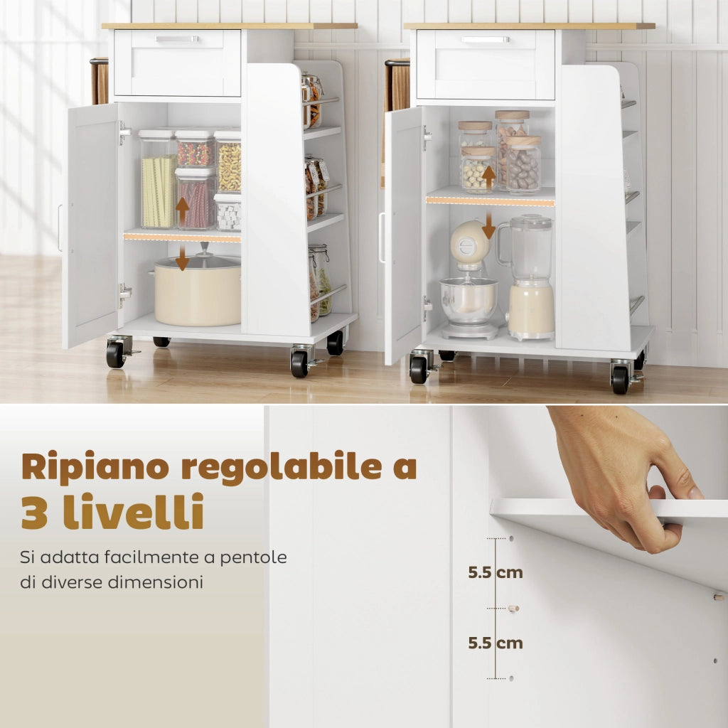 Carrello da Cucina con Cassetto e Armadietto ¨C zephmum ¨C Legno Bianco 62x40x87 cm