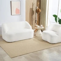 Divano 2 Posti, Design Curvo, Divano Imbottito con Rivestimento in Pile, per Soggiorno, Camera da Letto, Home Office, Bianco crema