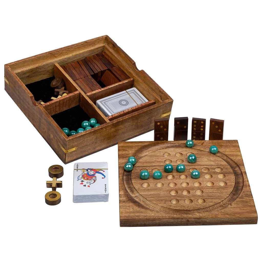 Gioco 5 in 1 (3 di fila+Domino+dadi+2 carte+solitario) in scatola legno marrone 23x23xh