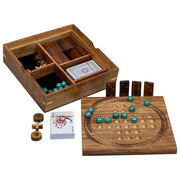Gioco 5 in 1 (3 di fila+Domino+dadi+2 carte+solitario) in scatola legno marrone 23x23xh