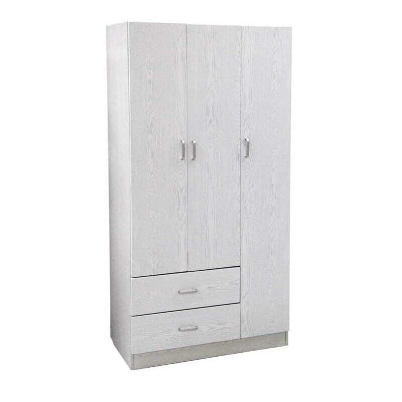 ARMADIO IN LEGNO CON 3 ANTE E CASSETTI, RIPIANI, APPENDIABITI, BIANCO 120 X 52 X 190 CM