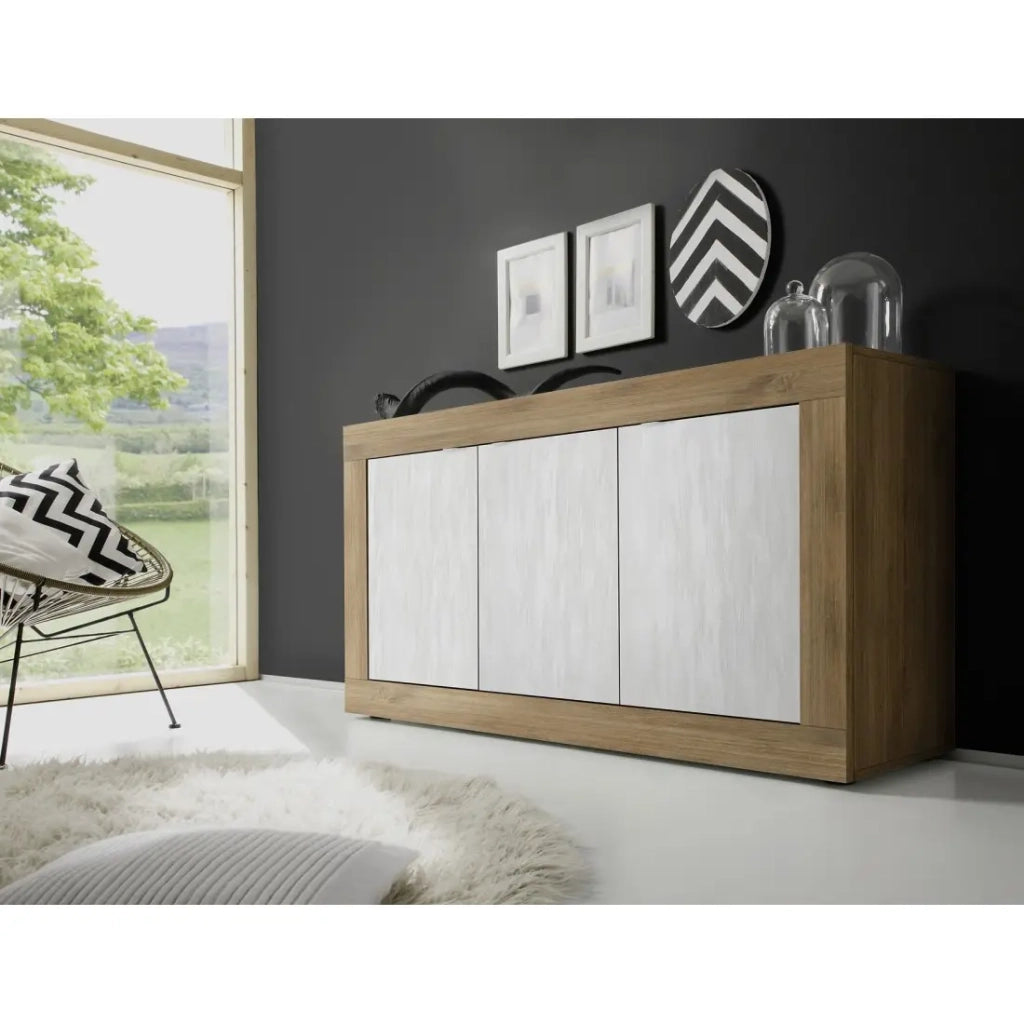 Credenza a 3 porte collezione ACCESS. Colori bianco e rovere scuro.