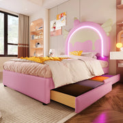 Letto singolo Unicorn 90x200cm con striscia luminosa e 2 cassetti in PU rosa