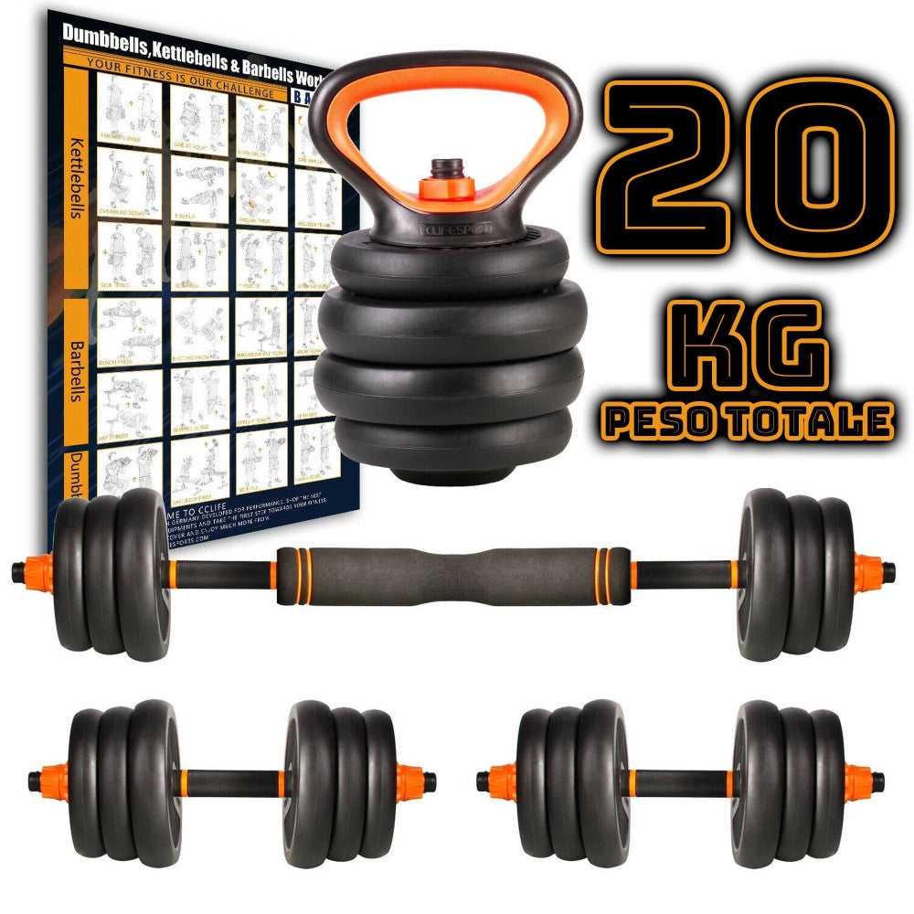 Trade Shop - Set 6in1 Multifunzione Peso 20kg Manubri Con Bilanciere E Kettlebell Componibile -