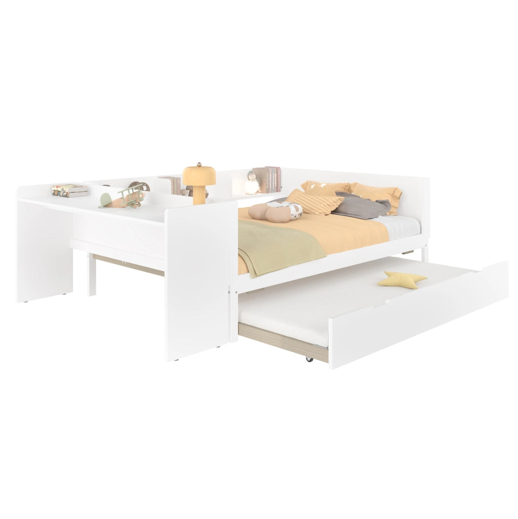 Letto 140x200 cm con scrivania; letto estraibile e ripiani in legno e MDF bianco