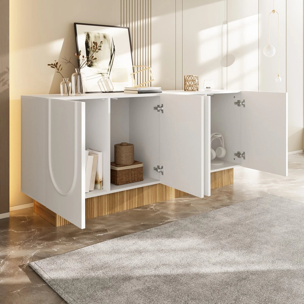 Credenza 4 Ante con Ripiani ¨C MINIMAL ¨C Bianco/Legno, 160x75x38