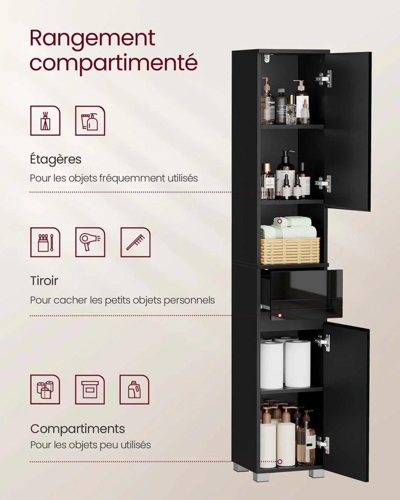 Mobiletto da bagno contenitore a colonna con cassetto ripiani regolabili scomparti 30 x 30 x 170 cm nero 12_0004020