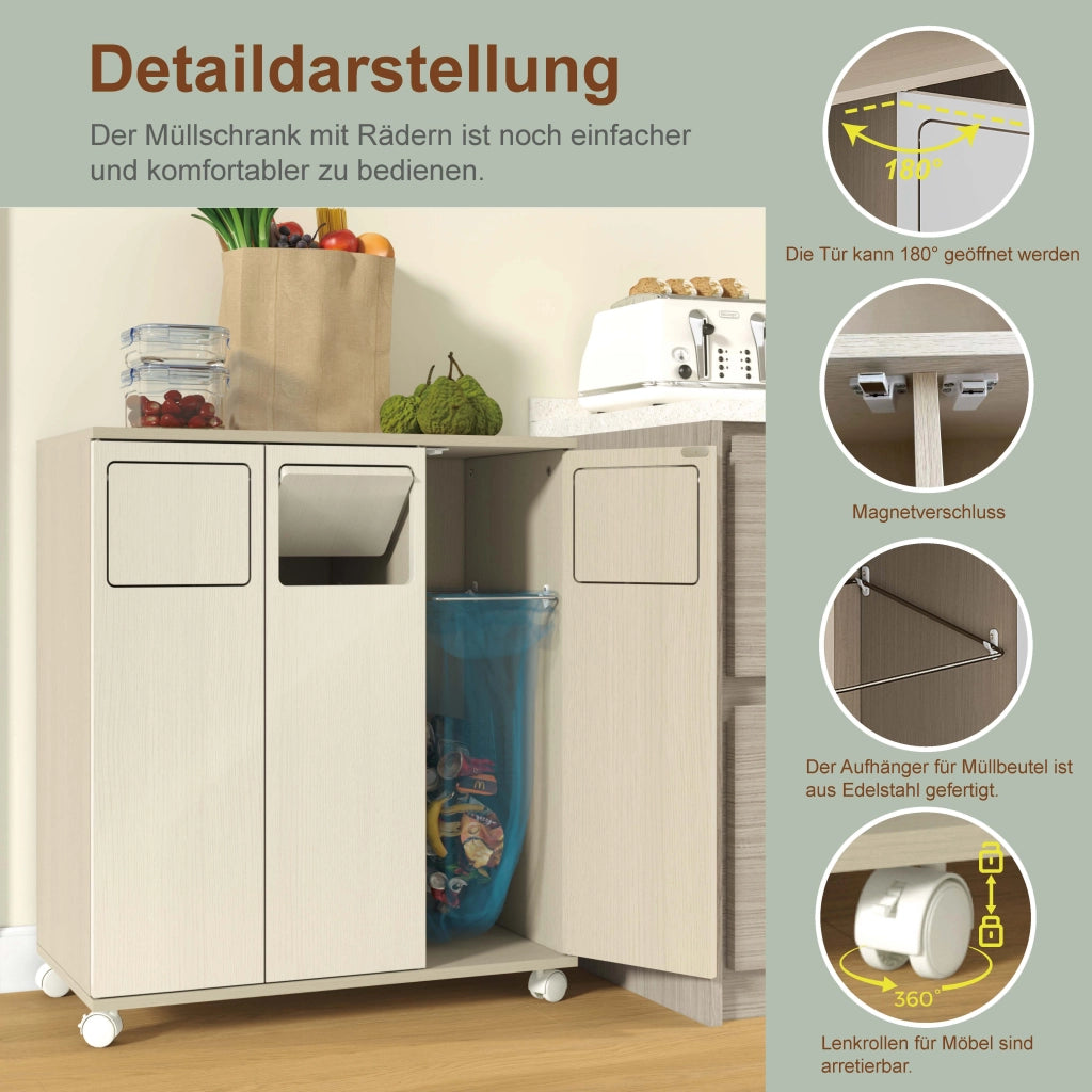 Carrello da cucina con 3 ante e 3 scomparti per raccolta differenziata; con ruote e supporti sacchi; in MDF bianco