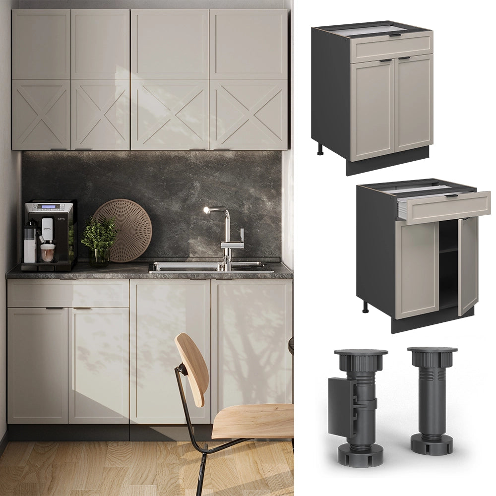 Mobiletto base per cucina Fame-Line GrigioBeige/Antracite 60 cm con cassetto, PL Marmo Vicco