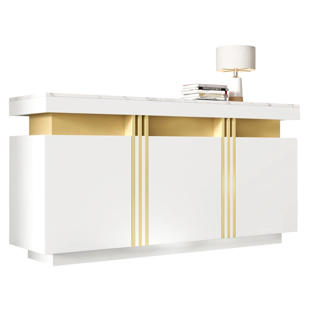 Credenza moderna bianca 140 x 38 x 70 cm con 3 ante e vani regolabili