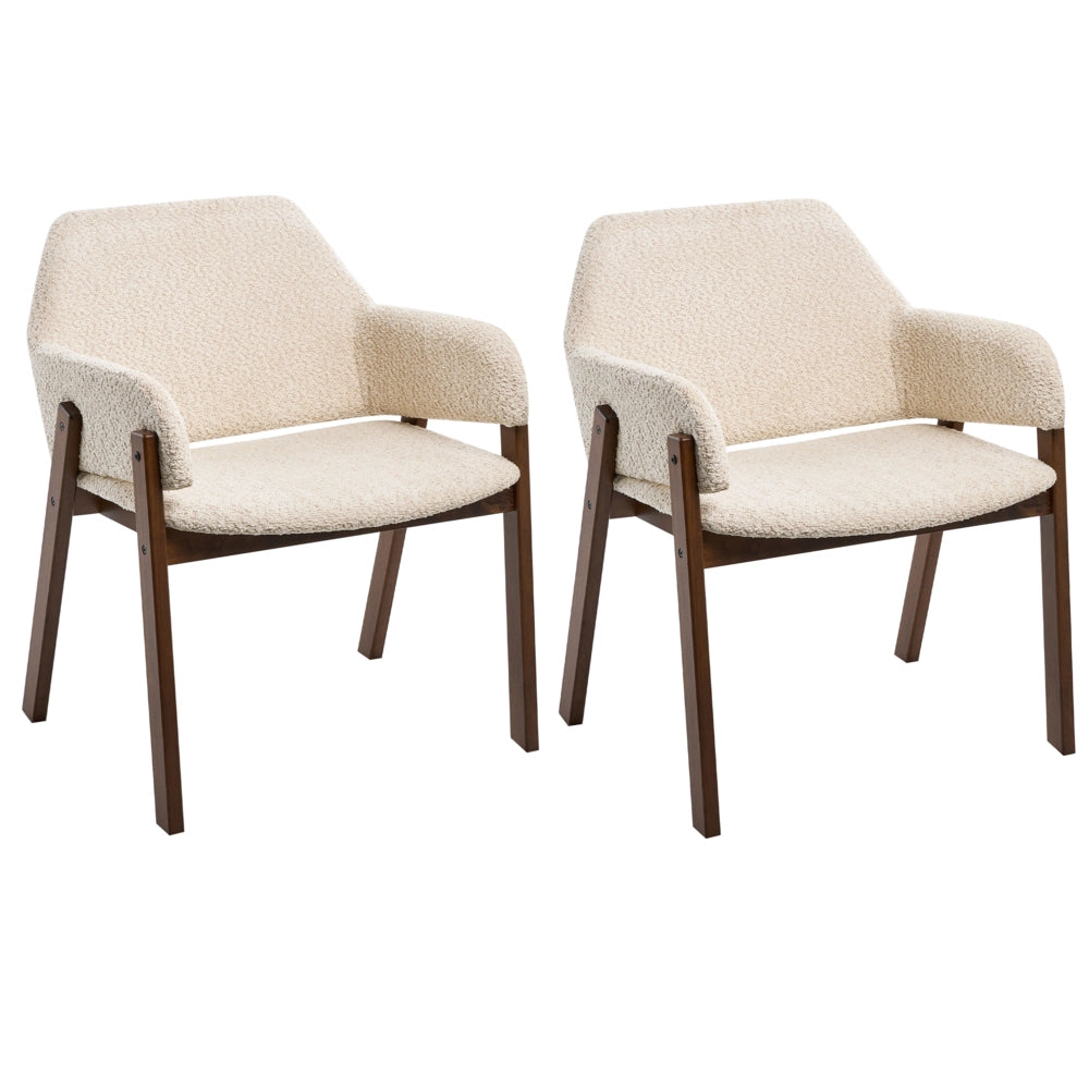 Set di 2 sedie da pranzo in tessuto bouclé marrone scuro e beige chiaro, con gambe in legno di gomma, stile retrò tradizionale