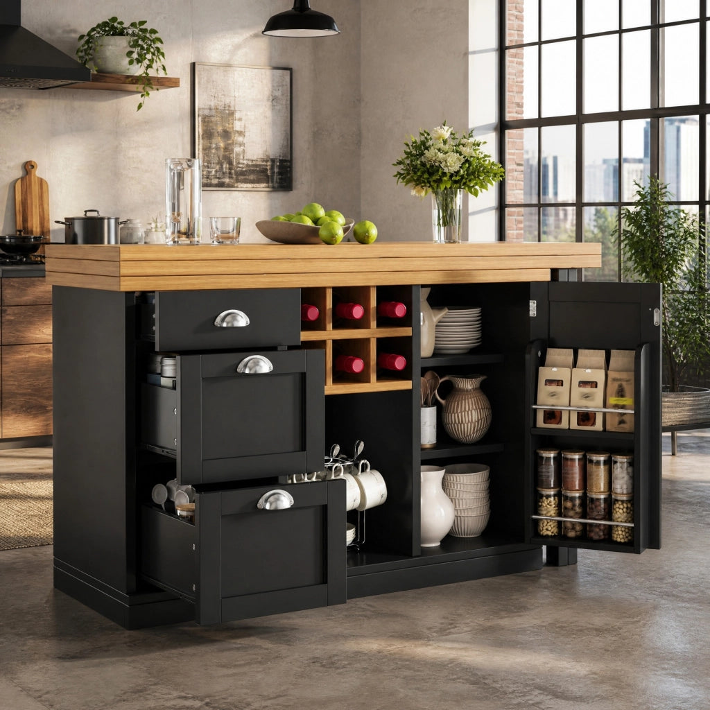 Tavolo bar multifunzione con spazio contenitore, portabottiglie e piano pieghevole, nero