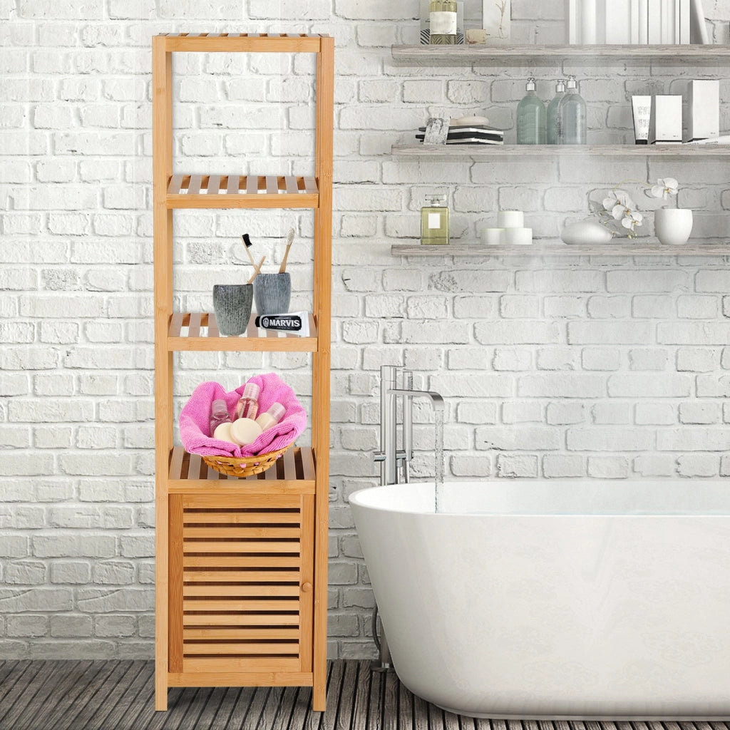 EasyComfort Mobile Alto Bagno/Terrazzo, Scaffale a Torre in Bambù 4 Ripiani + Armadietto con Anta, 36x33x140cm, Color Legno