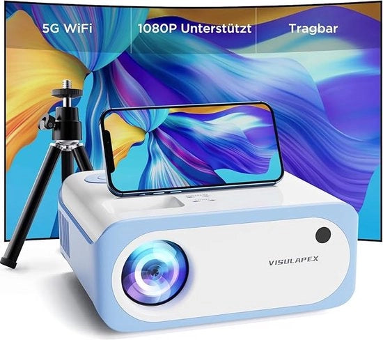 Proiettore V3 - Compatto - Full HD 1080P - 9000 Lumen - 5G Wi-Fi - LCD - Rapporto di proiezione 1:1,4 - HDMI, USB, AV, Audio 3,5 mm - 300 pollici - Bianco