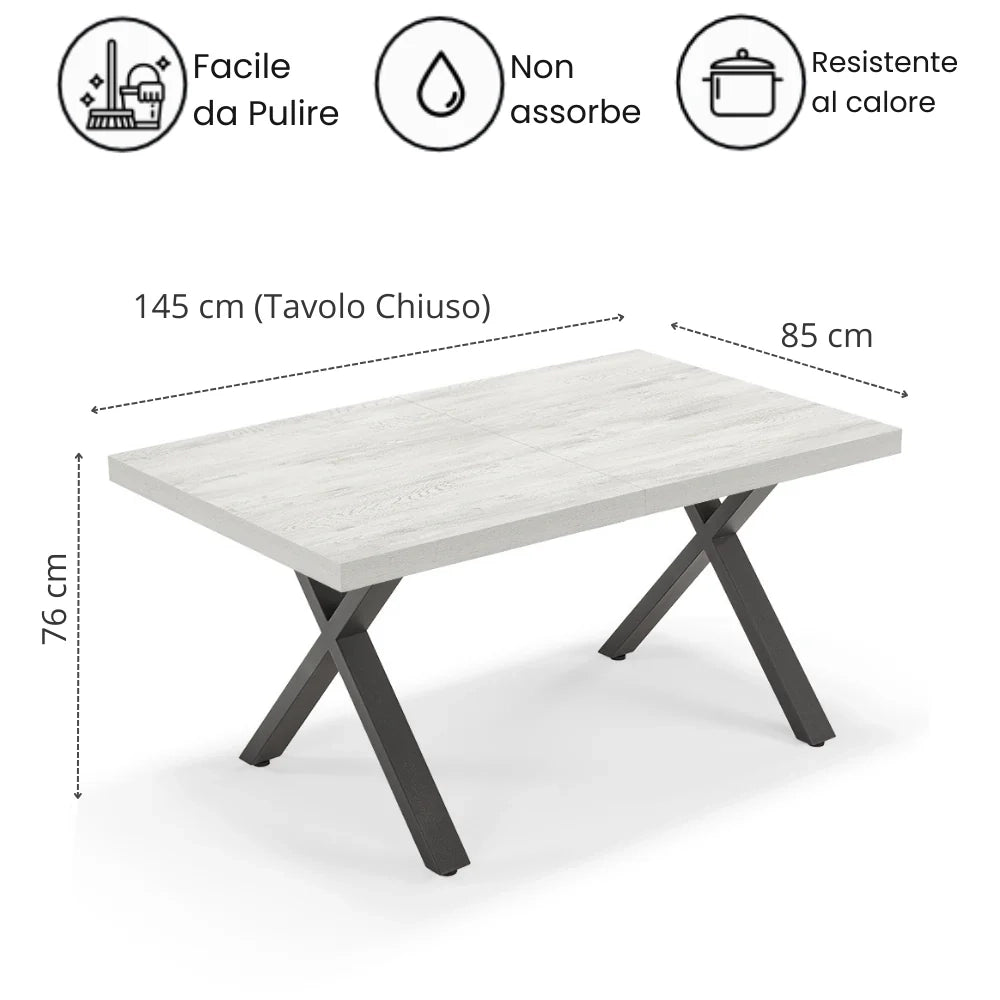 Tavolo allungabile da pranzo Quercia Bianco 145x85 MADE IN ITALY modello PABLO fino a 195 CM per sala da pranzo, cucina e soggiorno, design moderno con top in melaminico