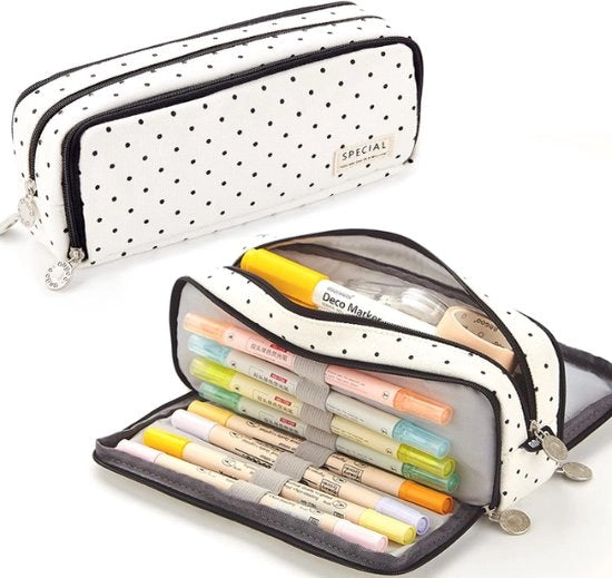 Etui multifunzionale ampio con 3 tasche - Etui per scuola ragazzi e ragazze - Ufficio - astuccio per penne - scolastici - accessori scolastici - zaino - zainetto - tasca per cavi - Back to School - punti neri