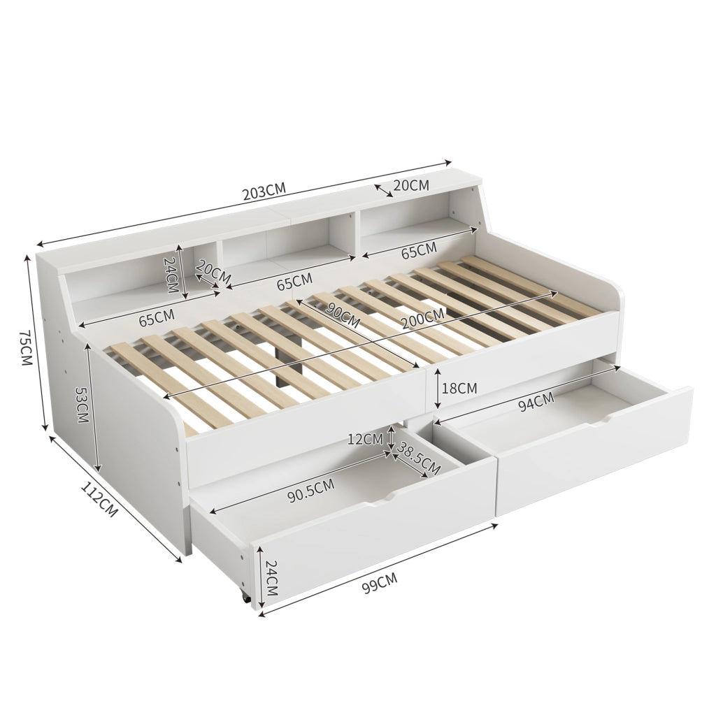 Letto giorno 90x200 cm con due cassetti e ripiani, bianco