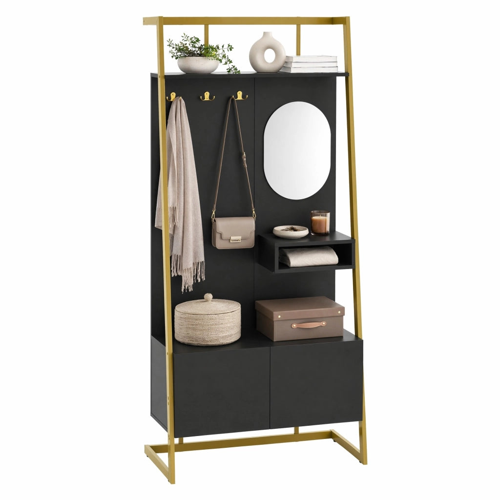 Guardaroba compatto moderno con specchio e ganci in metallo; 78 x 38;5 x 180;5 cm; nero