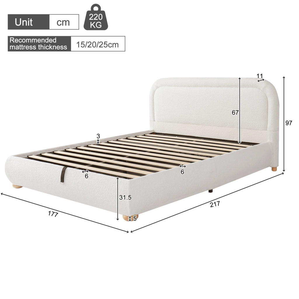 Letto Contenitore Matrimoniale 160x200 cm; Idraulico con Rete; in Bouclé Bianco